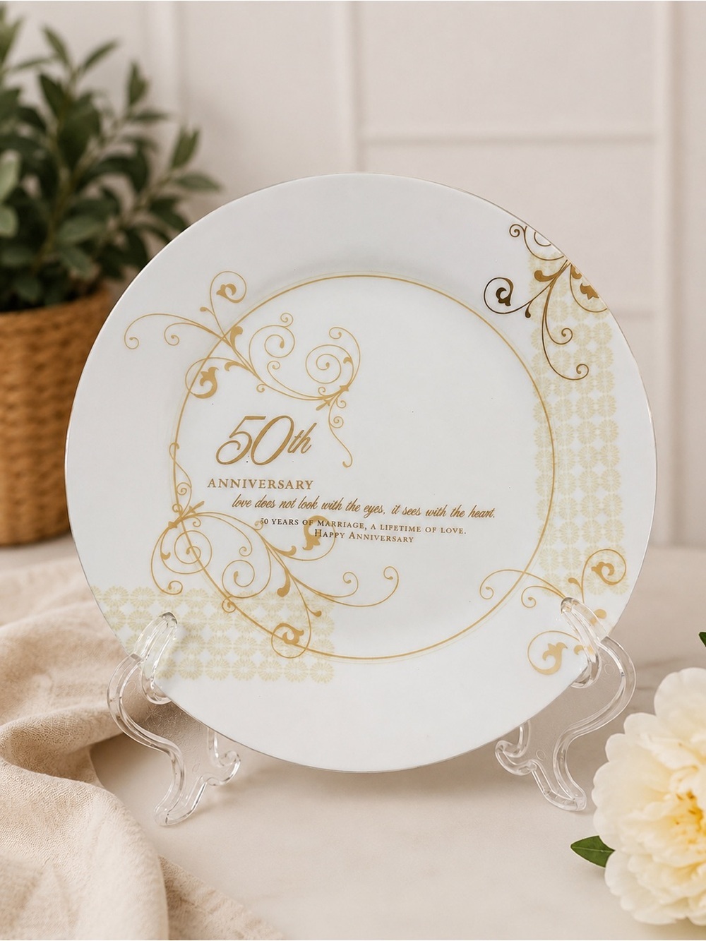 Roman 50th Wedding Anniversary Decorative Plate Gold White 9” Keepsake